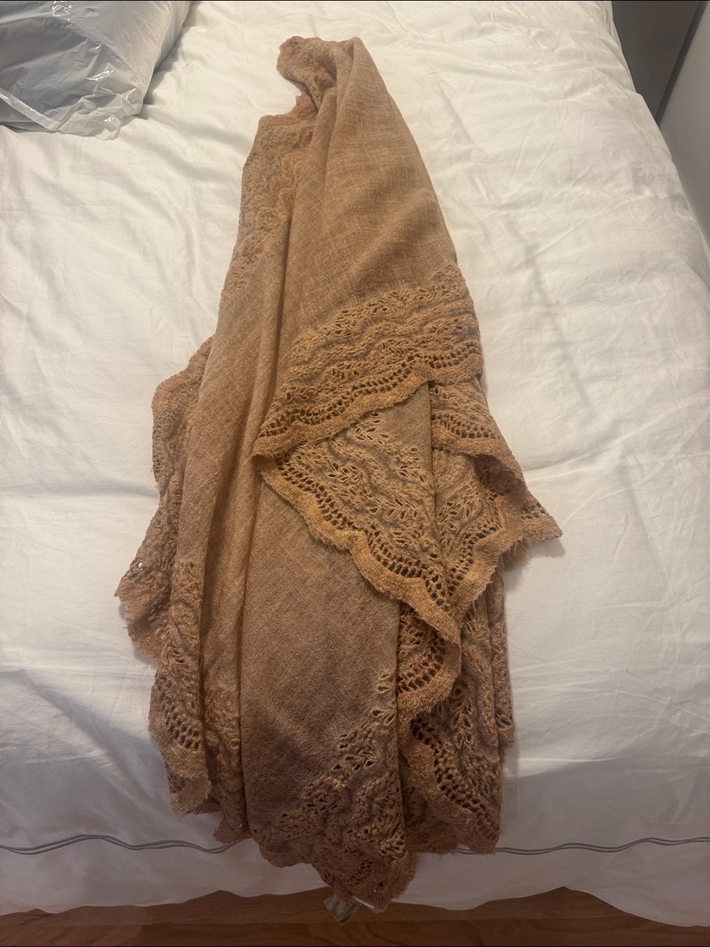 Lace-Trim Lightweight Wrap Scarf - Tan - Picture 3 of 3